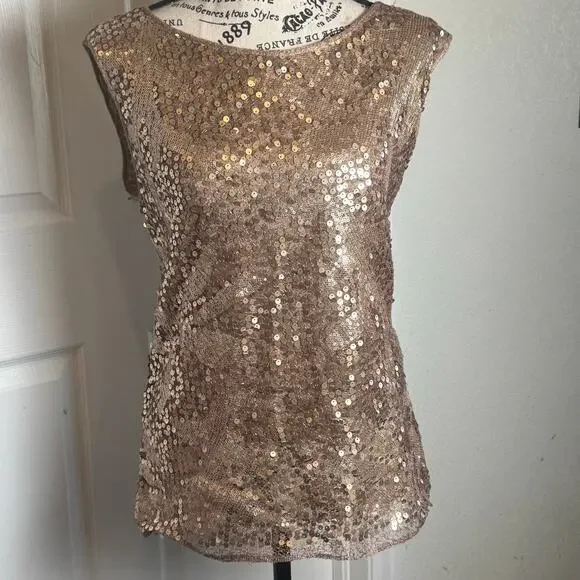 Max Studio Rose Gold Sequin Scoop Neck Glam Top Small - Picture 8 of 8